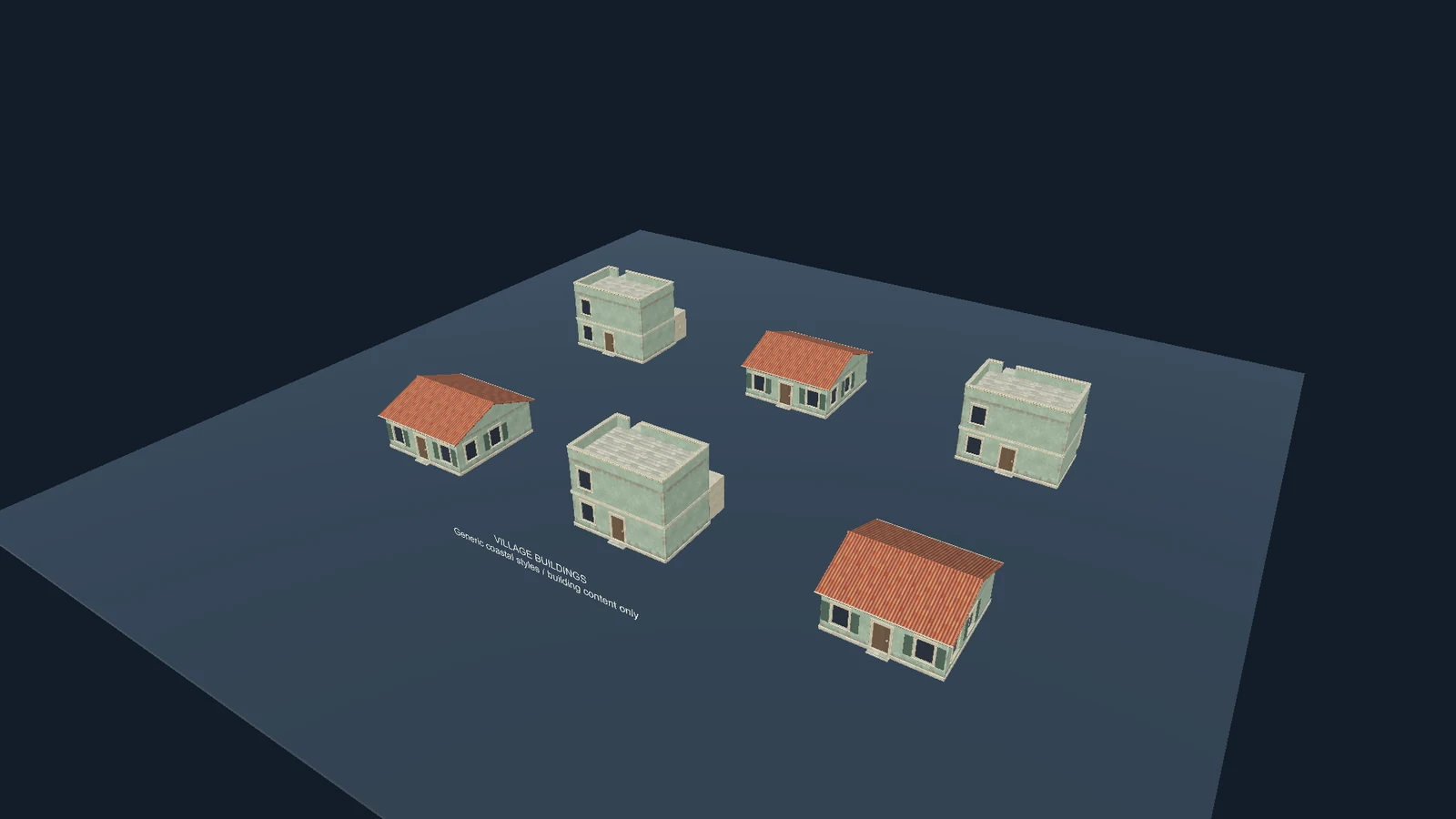 Six cottage and house variations with different sizes and roofs, generated in Unity